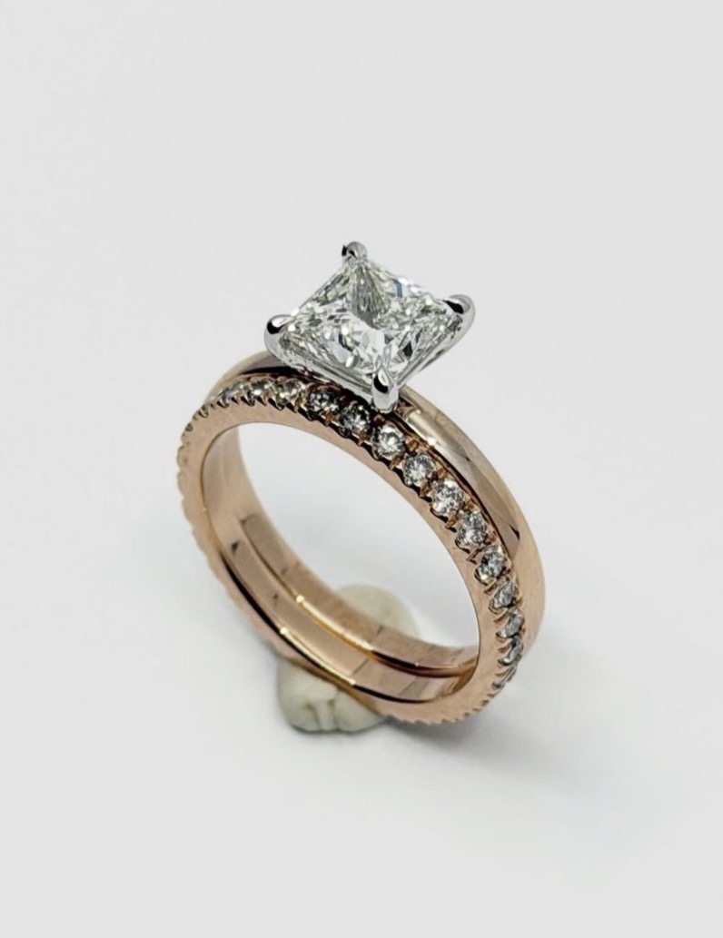 Bespoke princess-cut diamond ring with rose gold pavé band